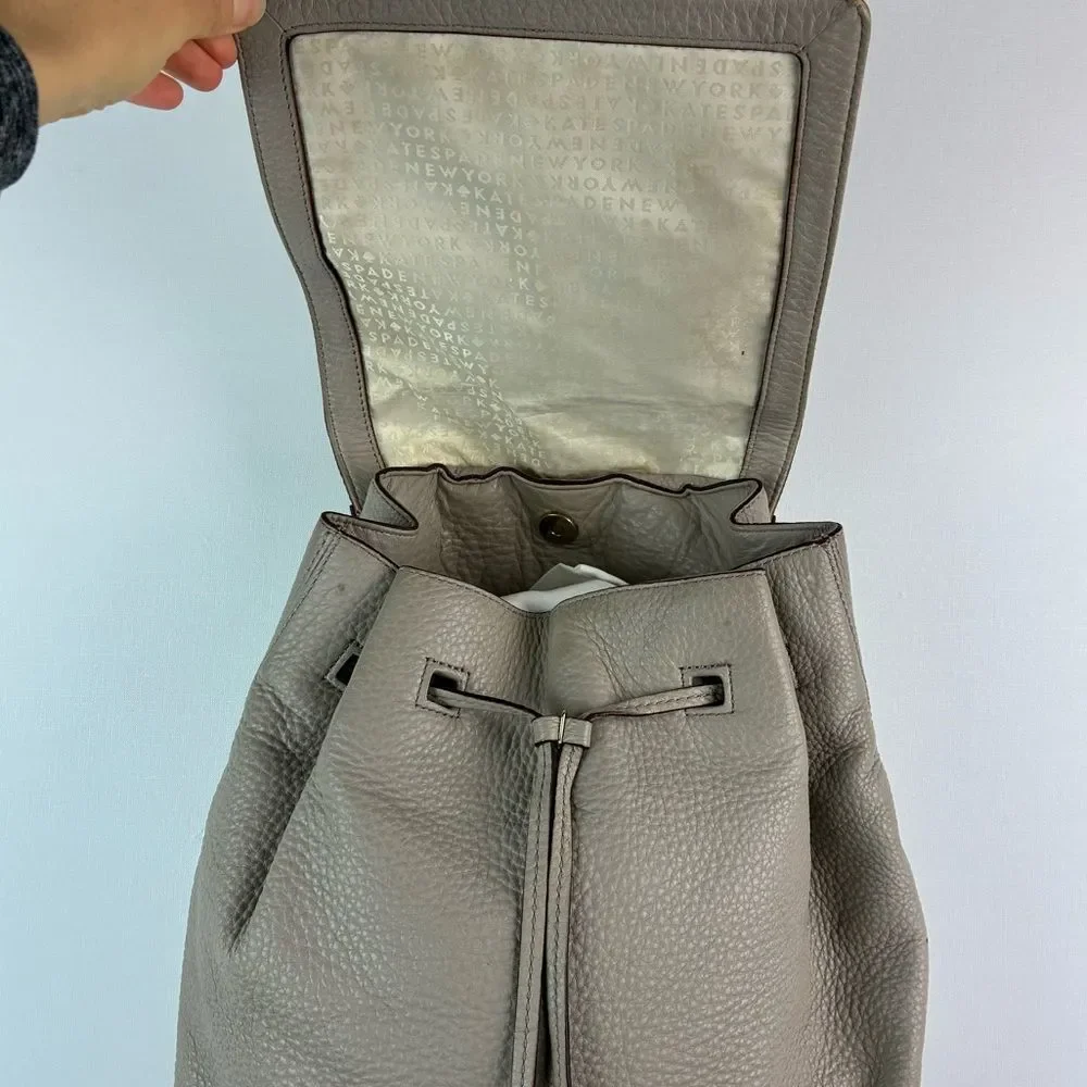 Kate Spade NY Wilder Grey Street Pebble Leather Drawstring Flap Backpack Leather